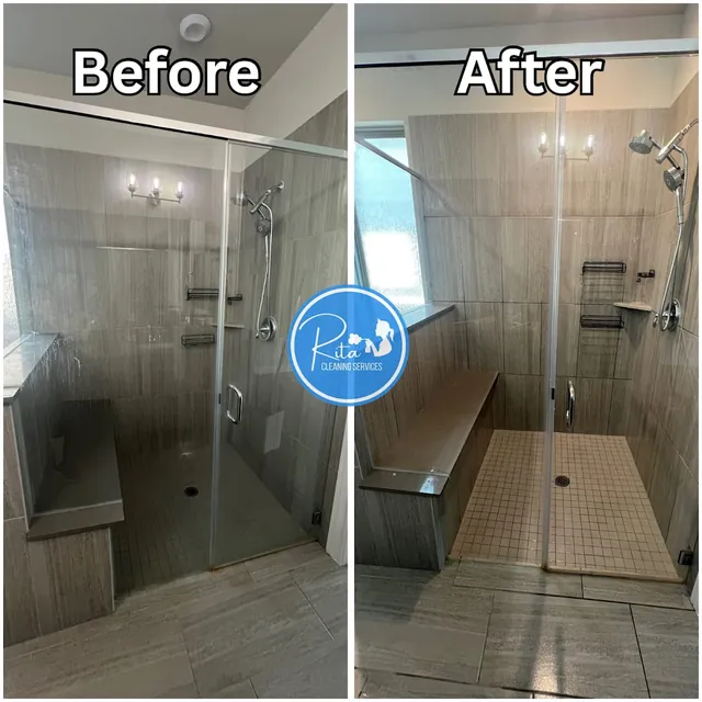 Glass shower stall before and after cleaning by Rita Cleaning Services