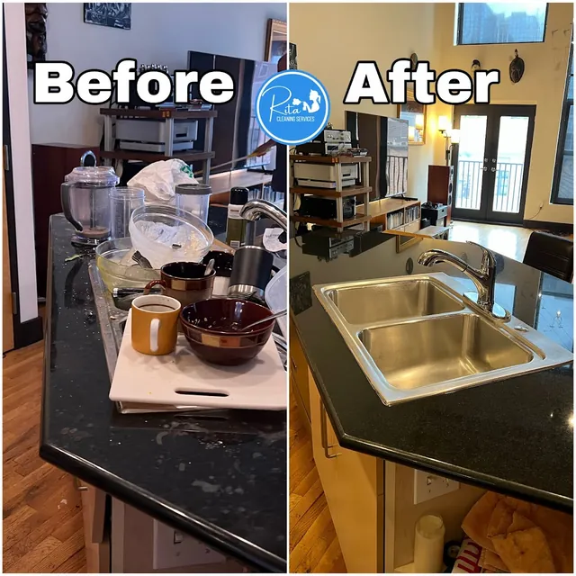 Kitchen counter and sink before and after a cleaning by Rita Cleaning Services