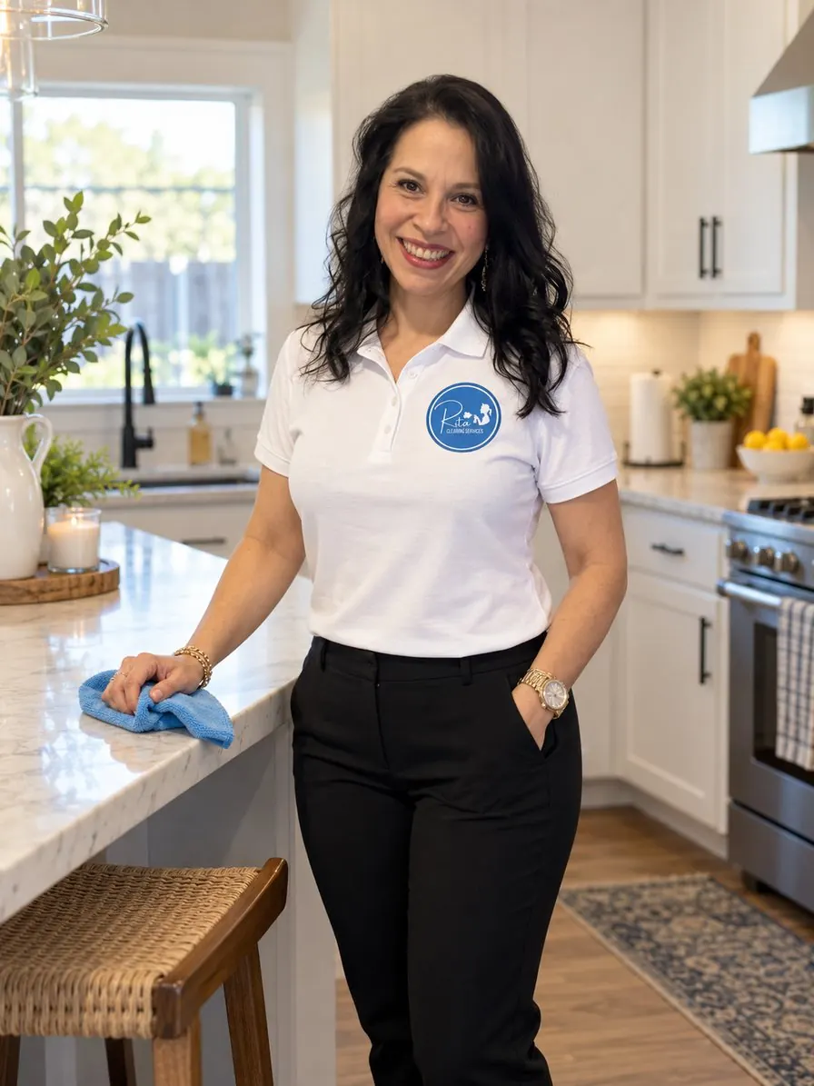 Rita, owner of Rita Cleaning Services, in a bright kitchen